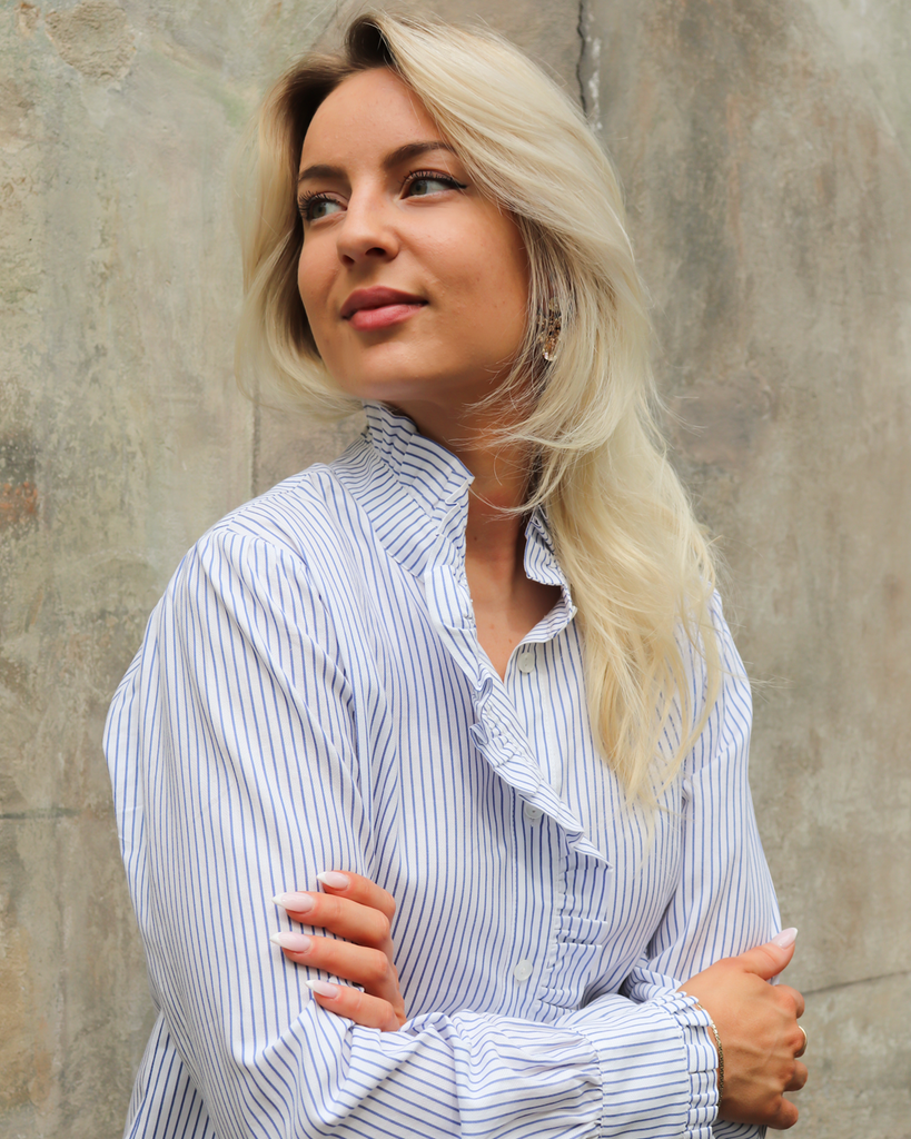 Pieszak Nadja frill shirt, white / blue stripe